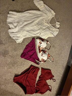 Beach Bundle: Crochet Beach Coverup with Floral & Burgundy Bikini Sets